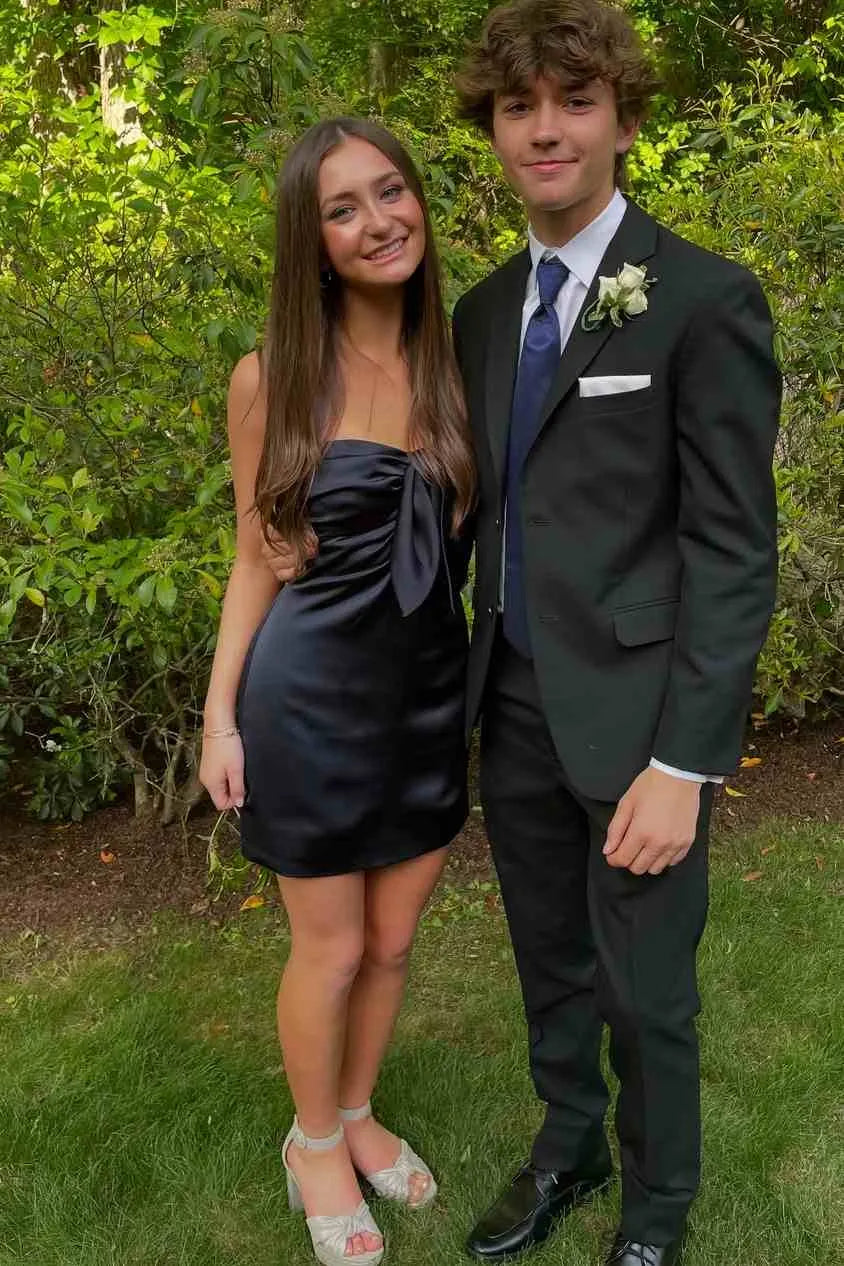Bright Blue Strapless Bow Front Satin Bodycon Short Homecoming Dress
