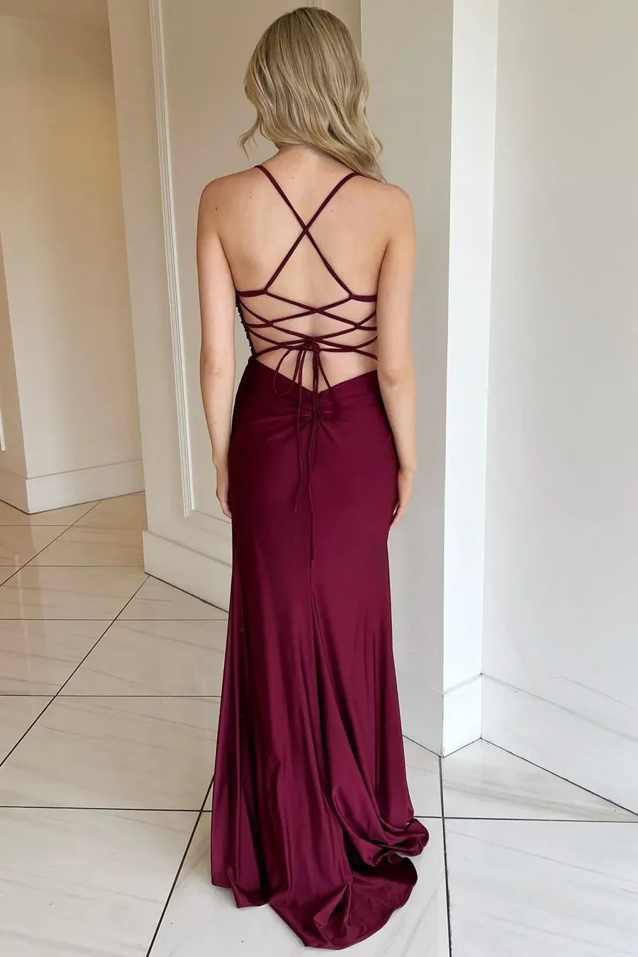 Budget Mermaid V Neck Sleeveless Satin Slit Floor-Length Prom Dress