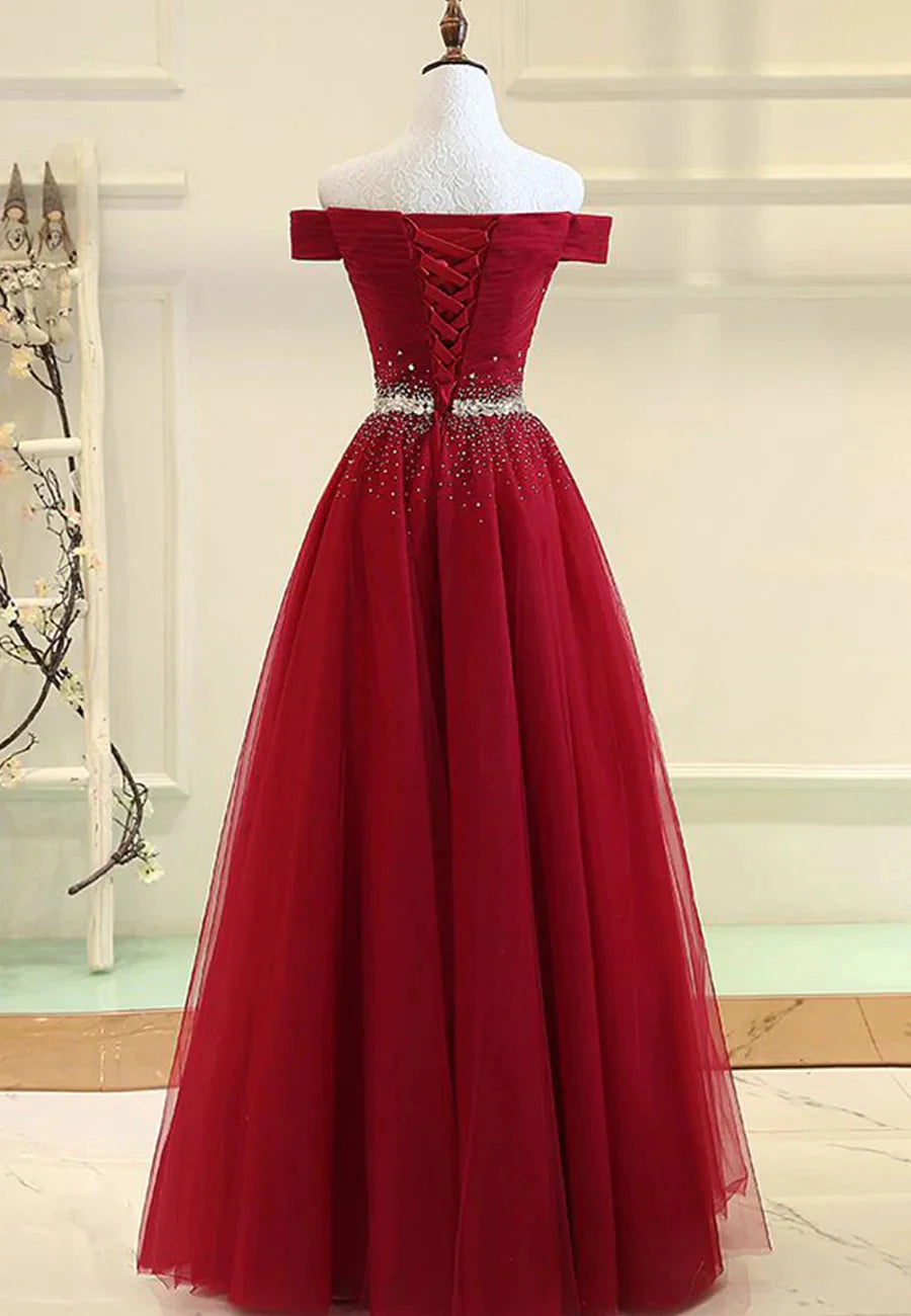 Burgundy Tulle Long A-Line Prom Dresses Off the Shoulder Evening Dresses