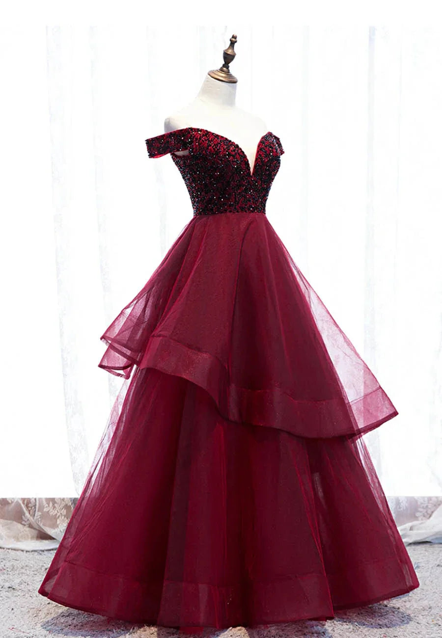 Burgundy Tulle Long A-Line Prom Dresses Off the Shoulder Evening Dresses