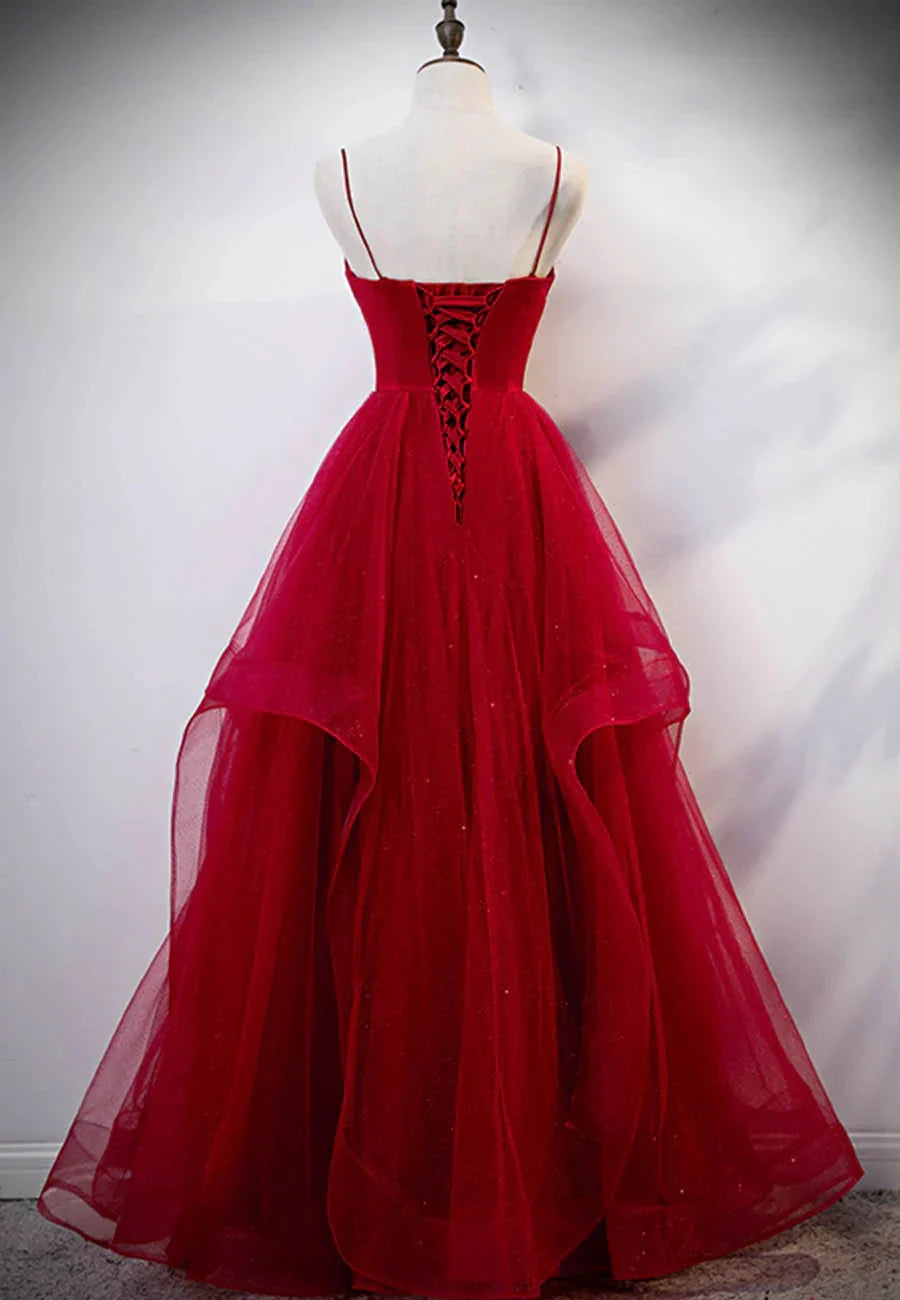 Burgundy Tulle Long Prom Dresses V-Neck Evening Dress