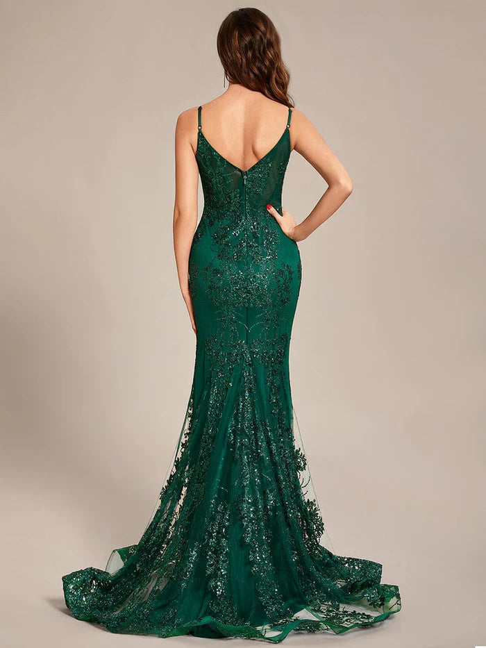 Dark Green Sequin Embroidered See-through V-Neck Lace Mermaid Prom Dress