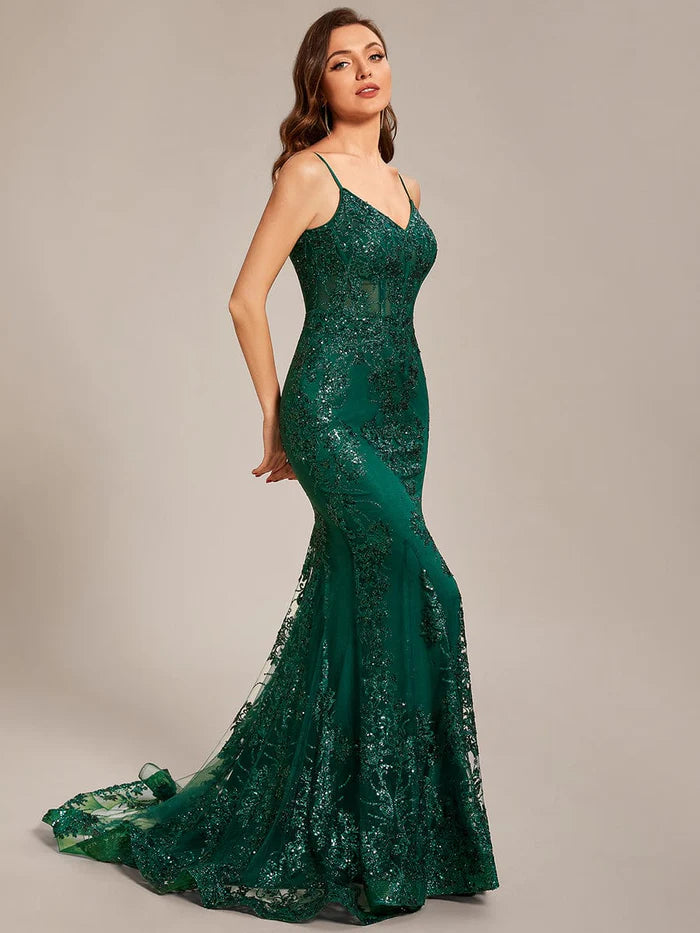 Dark Green Sequin Embroidered See-through V-Neck Lace Mermaid Prom Dress
