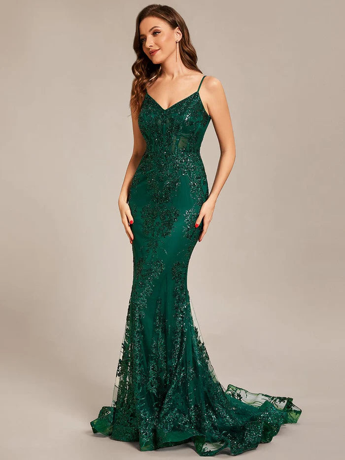 Dark Green Sequin Embroidered See-through V-Neck Lace Mermaid Prom Dress