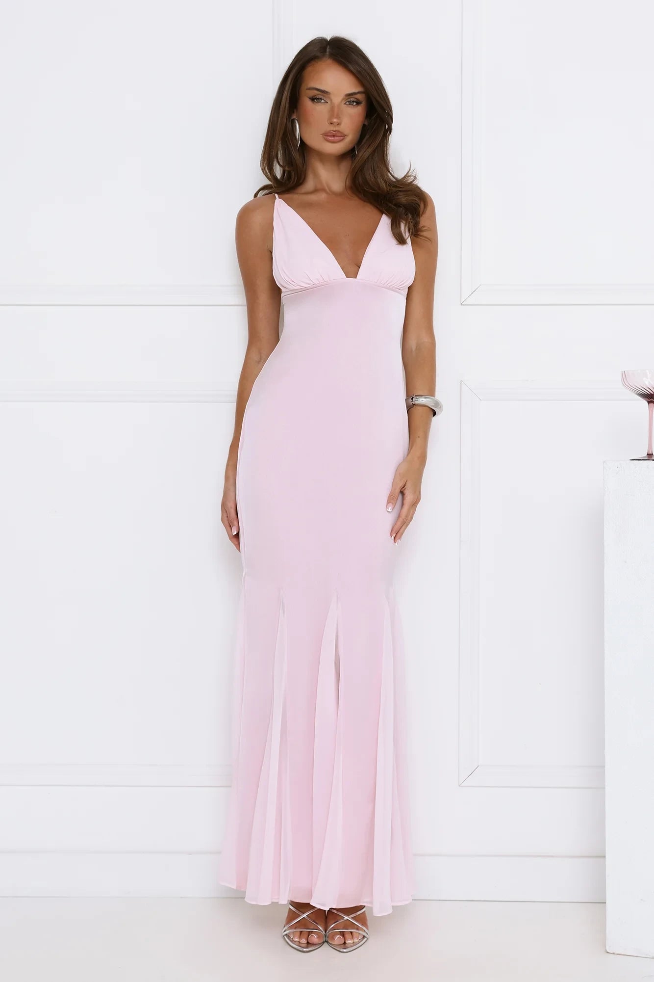 Casual Mermaid V-Neck Spaghetti Straps Ruched Light Pink Floor-Length Prom Dress