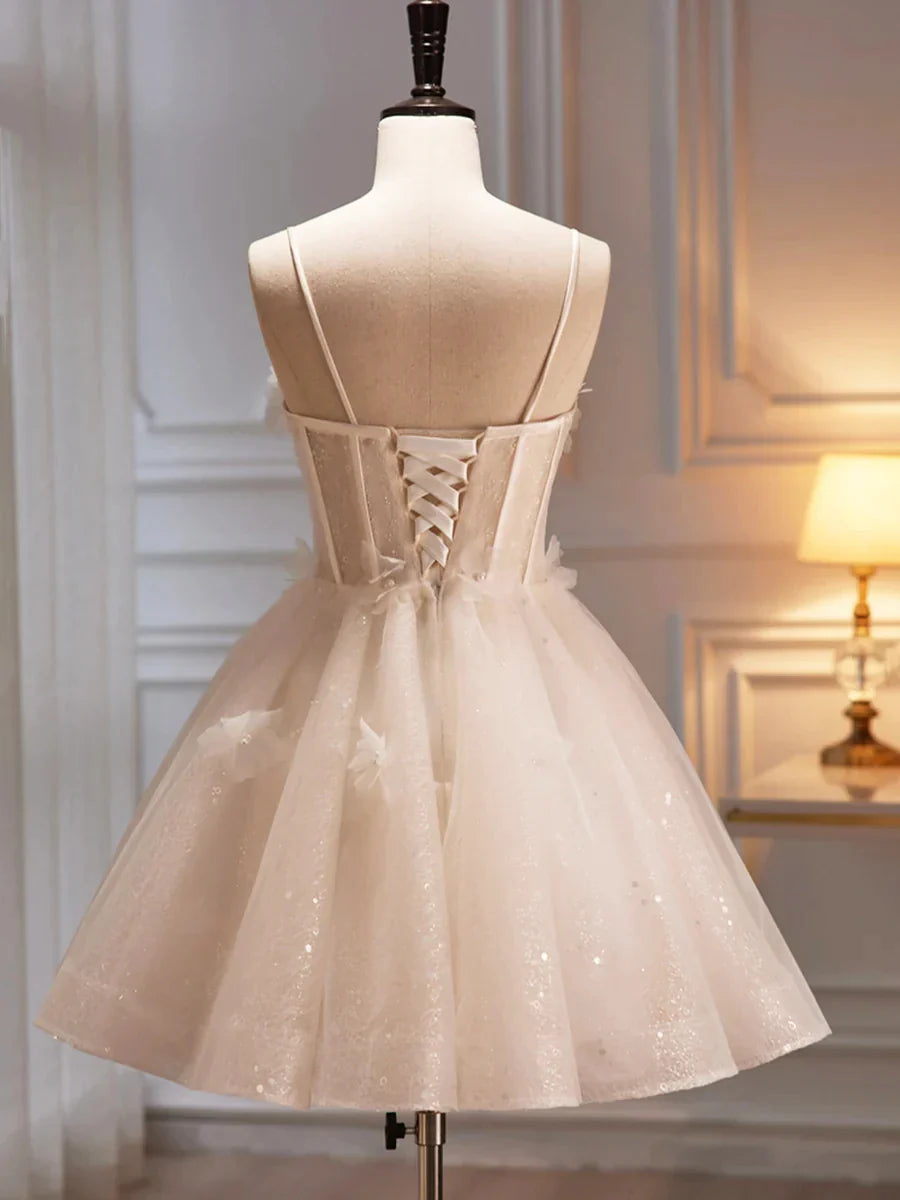 Champagne Spaghetti Strap Party Dress Cute A-Line Evening Dress Homecoming Dress