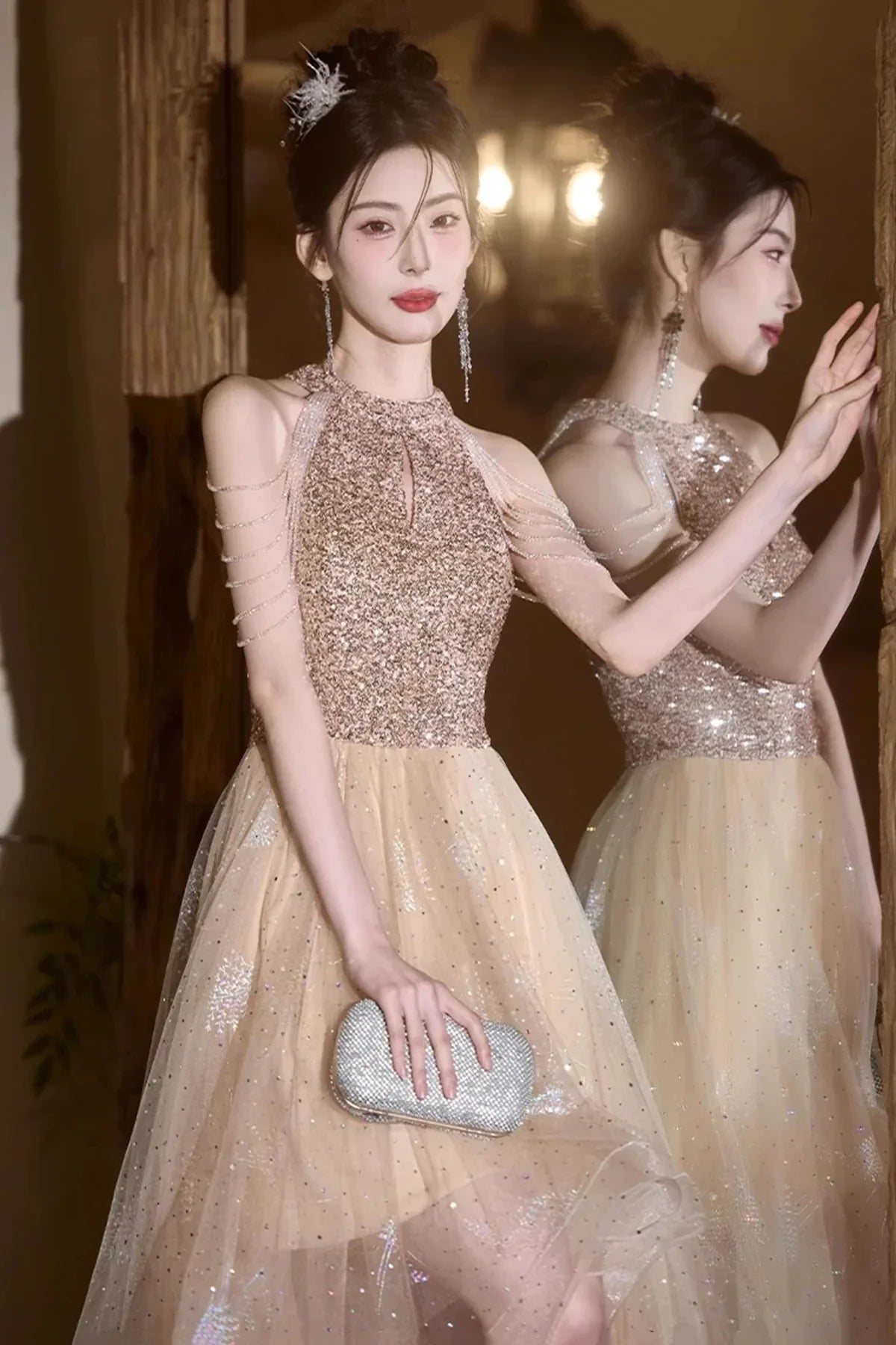 Champagne Tulle Beads Short Prom Dress Lovely A-Line Hight Low Party Dress