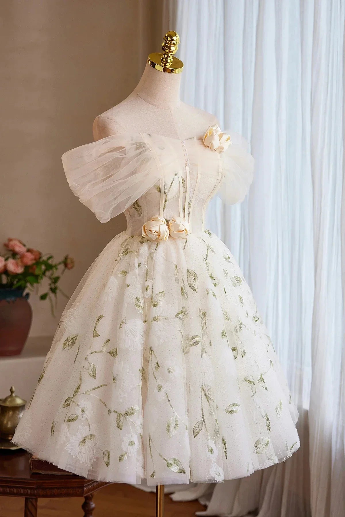 Champagne Tulle Floral Short Prom Dress Beautiful A-Line Evening Party Dress