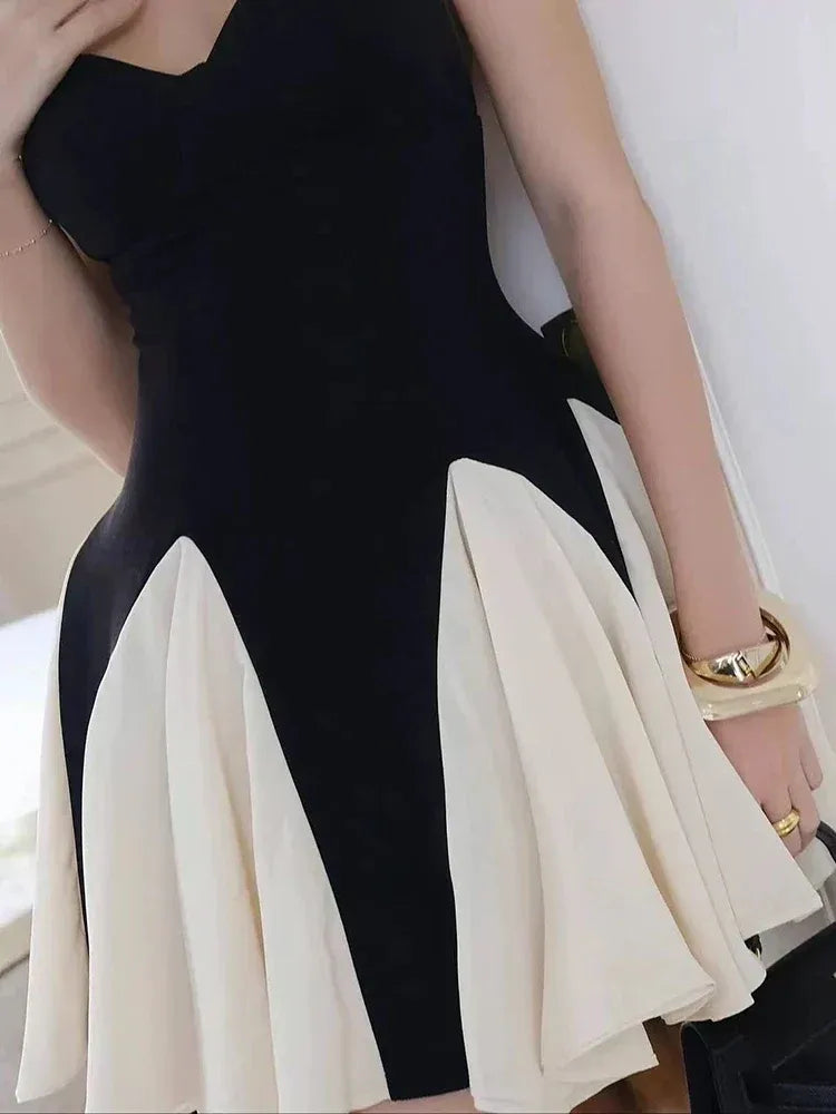 Charming A-Line Spaghetti Strap Patchwork Black White Mini Homecoming Dress