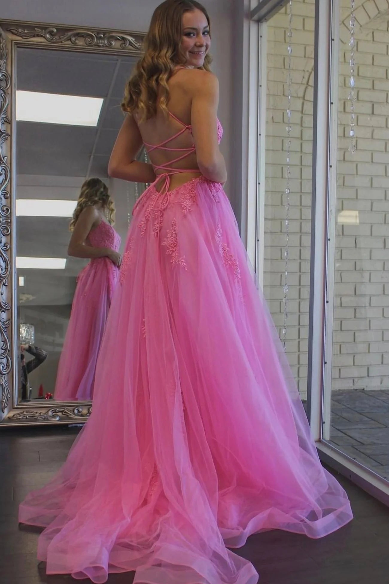 Charming A-Line Spaghetti Strap Sleeveless Lace Up Floor-Length Prom Dress
