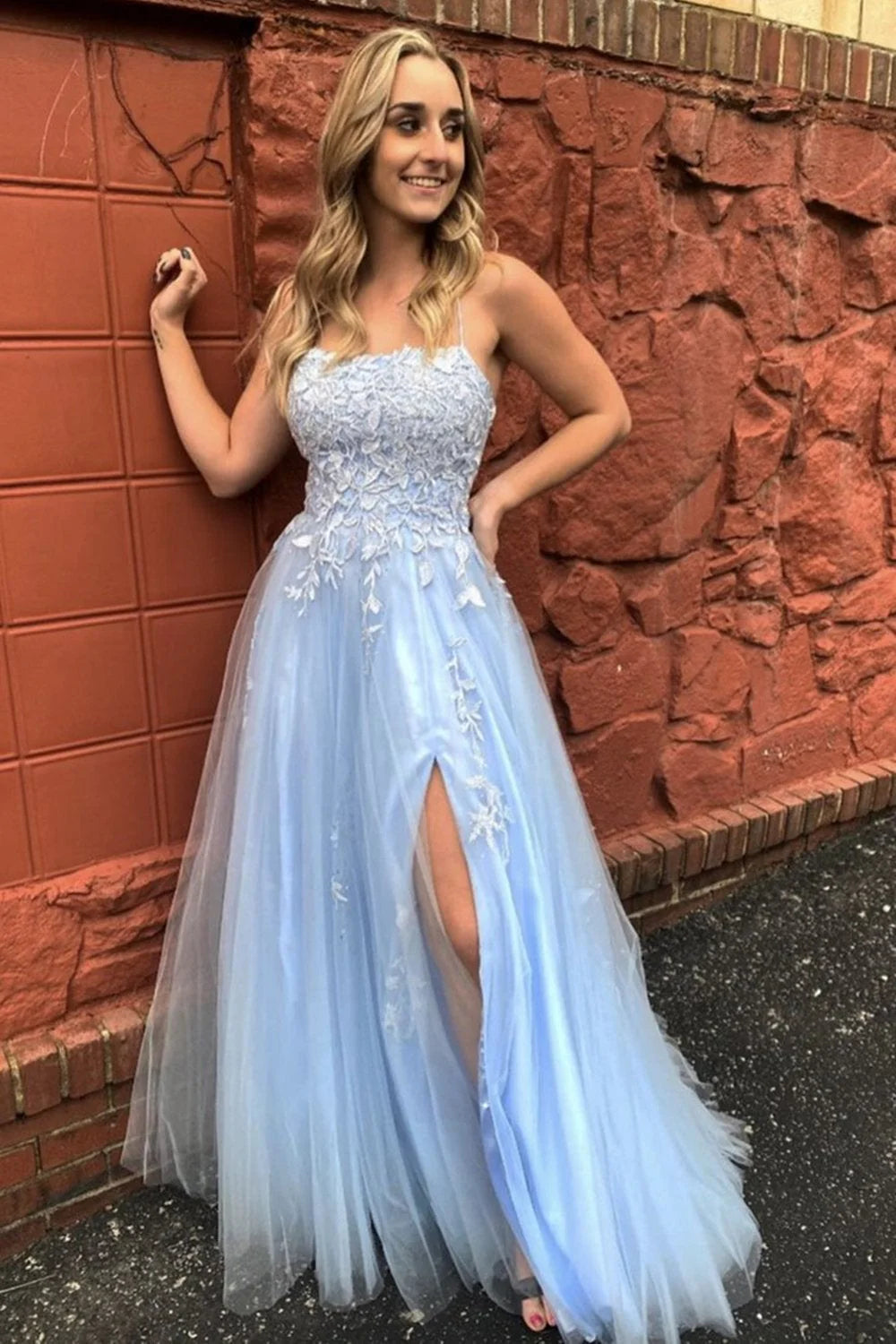 Charming A-Line Spaghetti Straps Sleeveless Lace Up Floor-Length Prom Dress