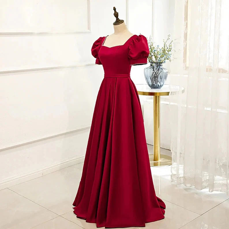 Charming A-Line Square Neck Short Sleeve Lace Up Floor-Length Prom Dress