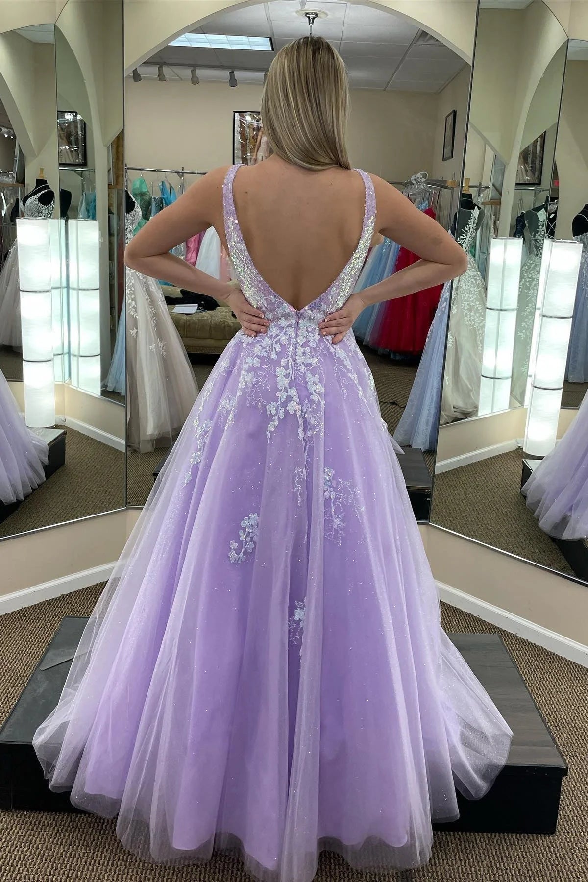 Charming A-line V Neck Sleeveless Backless Floor-Length Prom Dress