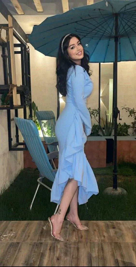 Charming Bodycon V-Neck Long-Sleeve Ruffled Crepe Light Blue Midi Evening Dress for Women