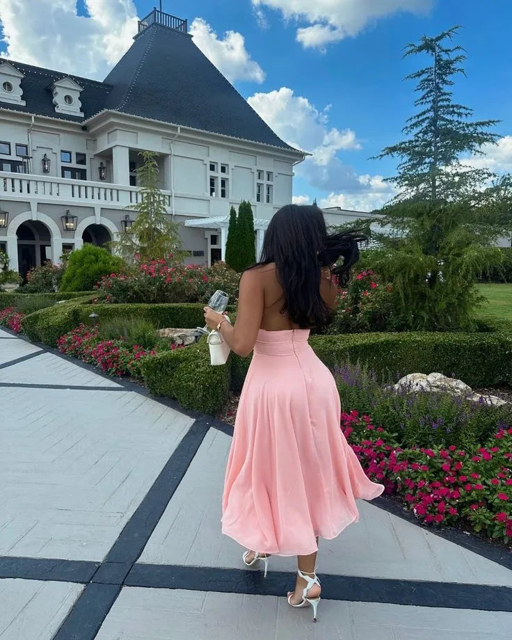 Charming Fit-and-Flare V-Neck Sleeveless Open-Back Chiffon Pink Midi Evening Dress for Women