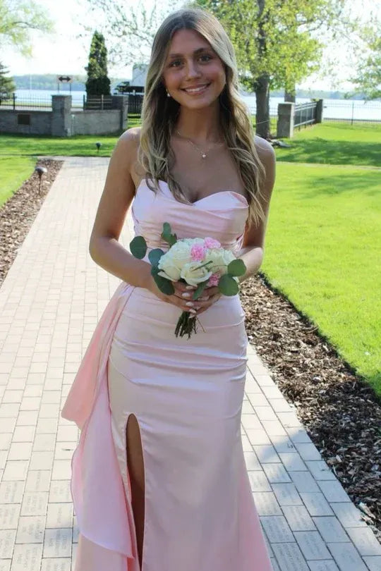 Charming Fitted Strapless Sleeveless Slit Satin Floor-Length Prom Dress