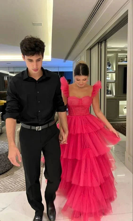 Cheap Pink Tulle Prom Dresses Ruffle Sleeveless Long Formal Evening Dress