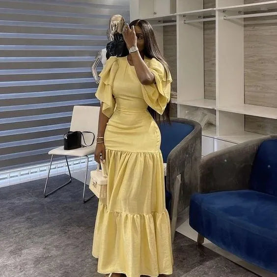 Cheerful Tiered Midi Evening Dress: Ruffled-Sleeve, Round-Neck, Linen-Blend Yellow for Women
