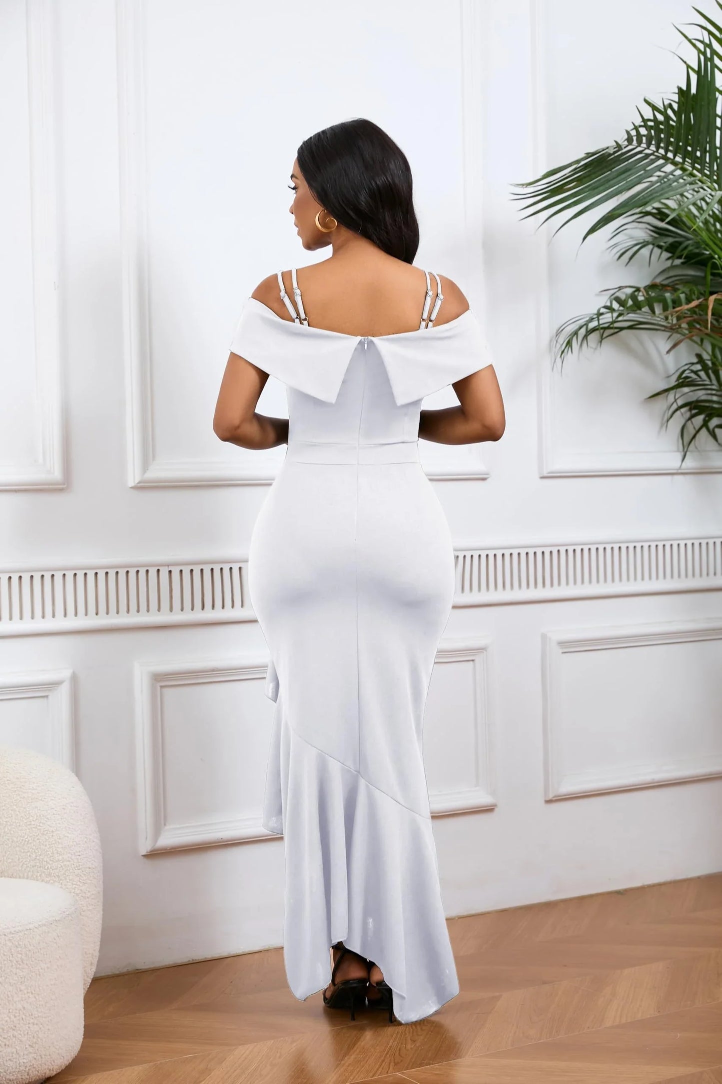 Chic Mermaid Off-Shoulder Double-Strap Asymmetric-Ruffle Midi Evening Dress