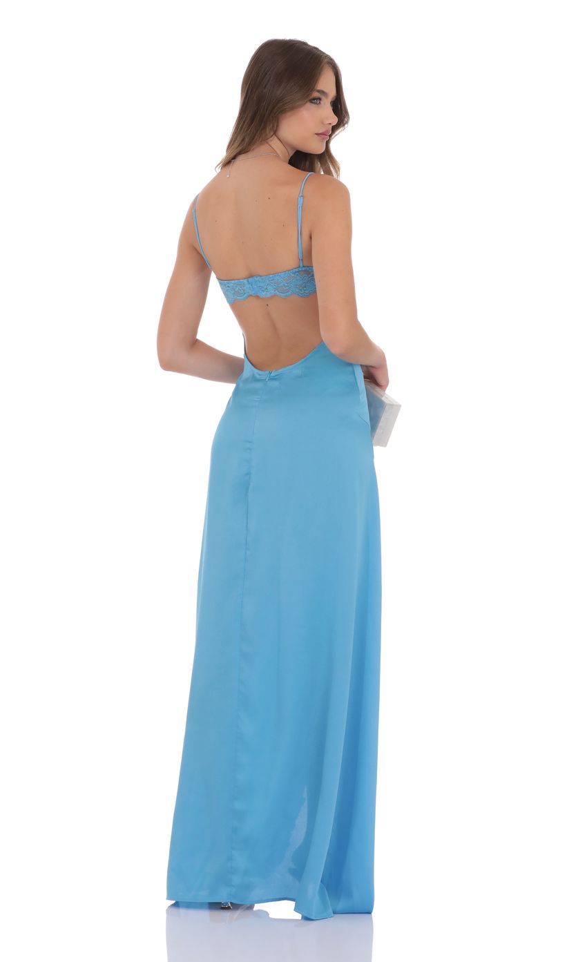 Chic Sheath Spaghetti-Strap Sleeveless Open-Back Aqua Satin-Lace Floor-Length Prom Dresses