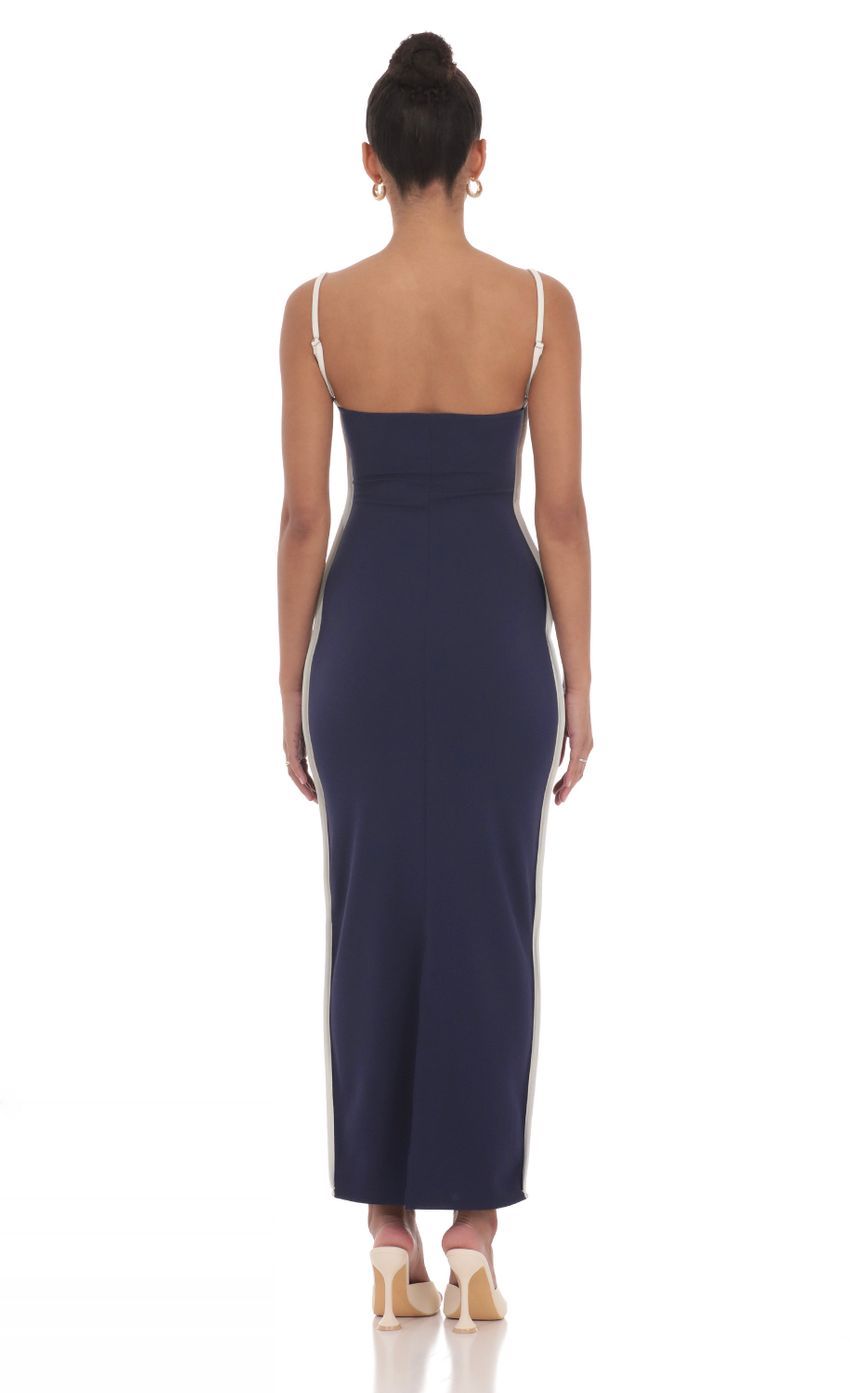 Chic Sheath Spaghetti-Strap Sleeveless Open-Back Navy Contrast-Piping Floor-Length Prom Dresses