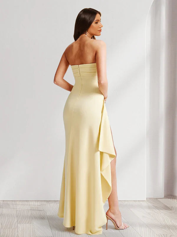 Chic Sheath Strapless Open-Back Ruffled-Lemon Yellow Crepe Floor-Length Prom Dresses