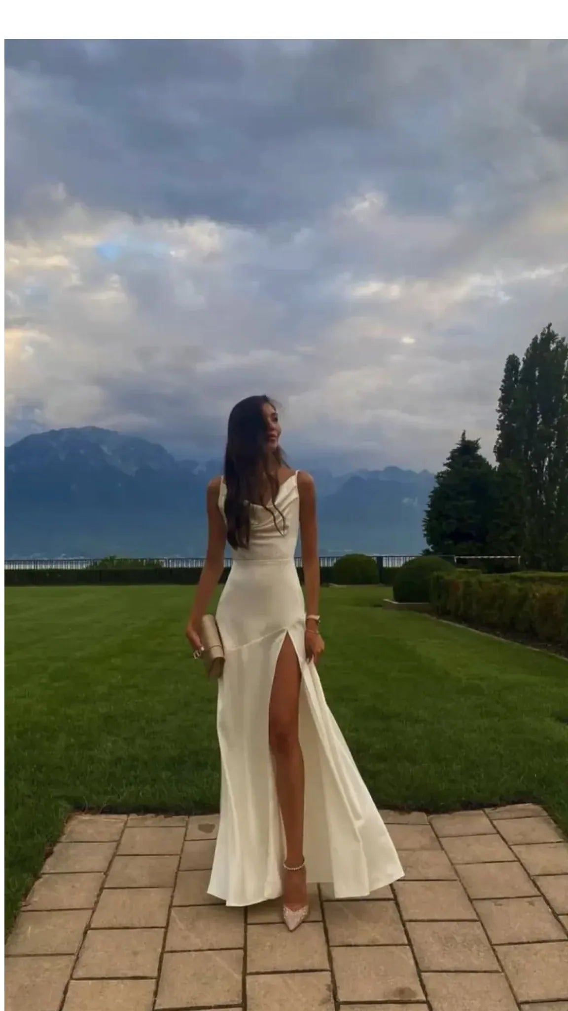 Chic A-Line Cowl Neck Sleeveless Slit Ivory Maxi Prom Dress for Women ready to ship