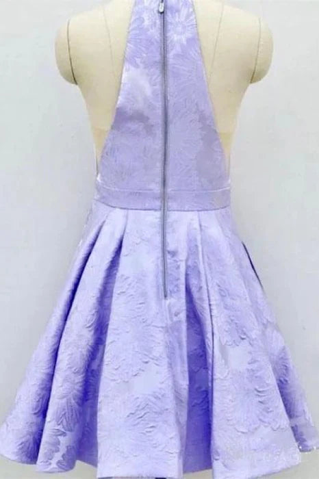 Chic A-Line Halter Jacquard Lavender Short Homecoming Dress