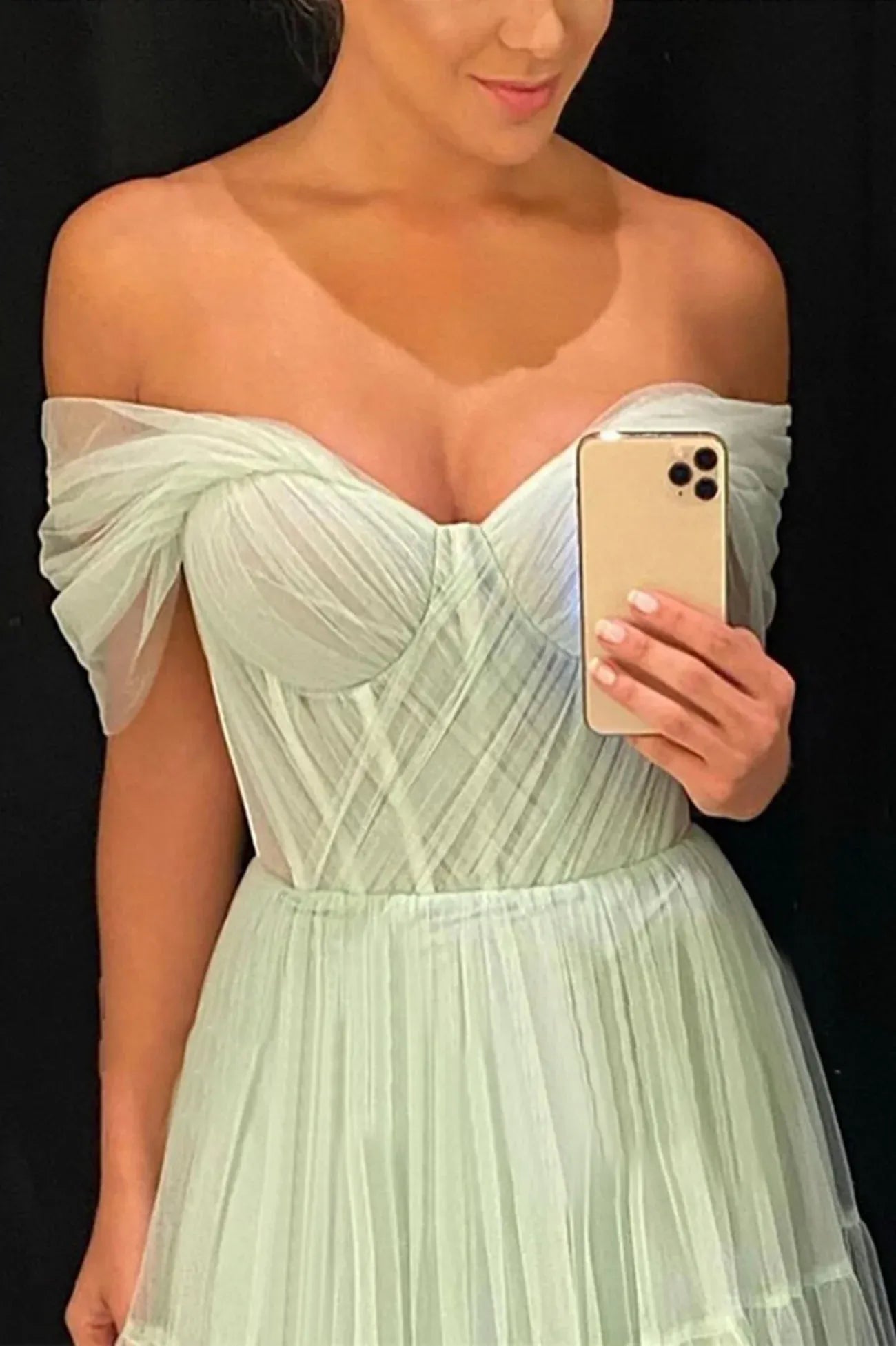 Chic A-Line Off the Shoulder Dropped Shoulder Sleeves Lace Up Floor-Length Prom Dress