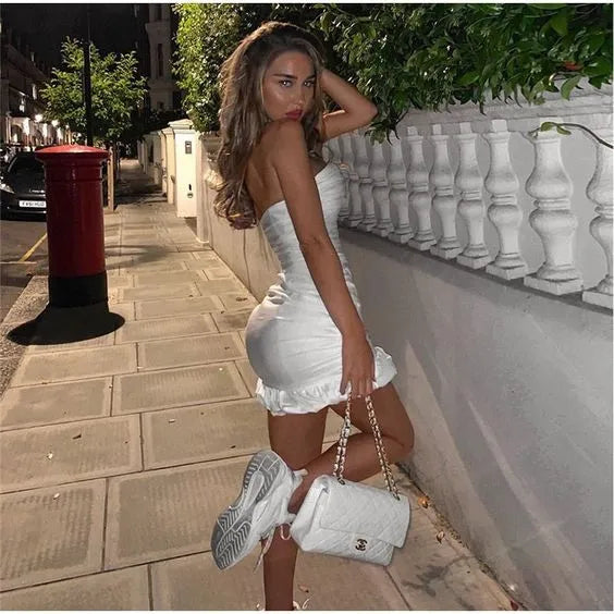 Chic Bodycon Strapless Ruffle Hem Mini Party Dress Homecoming Dress