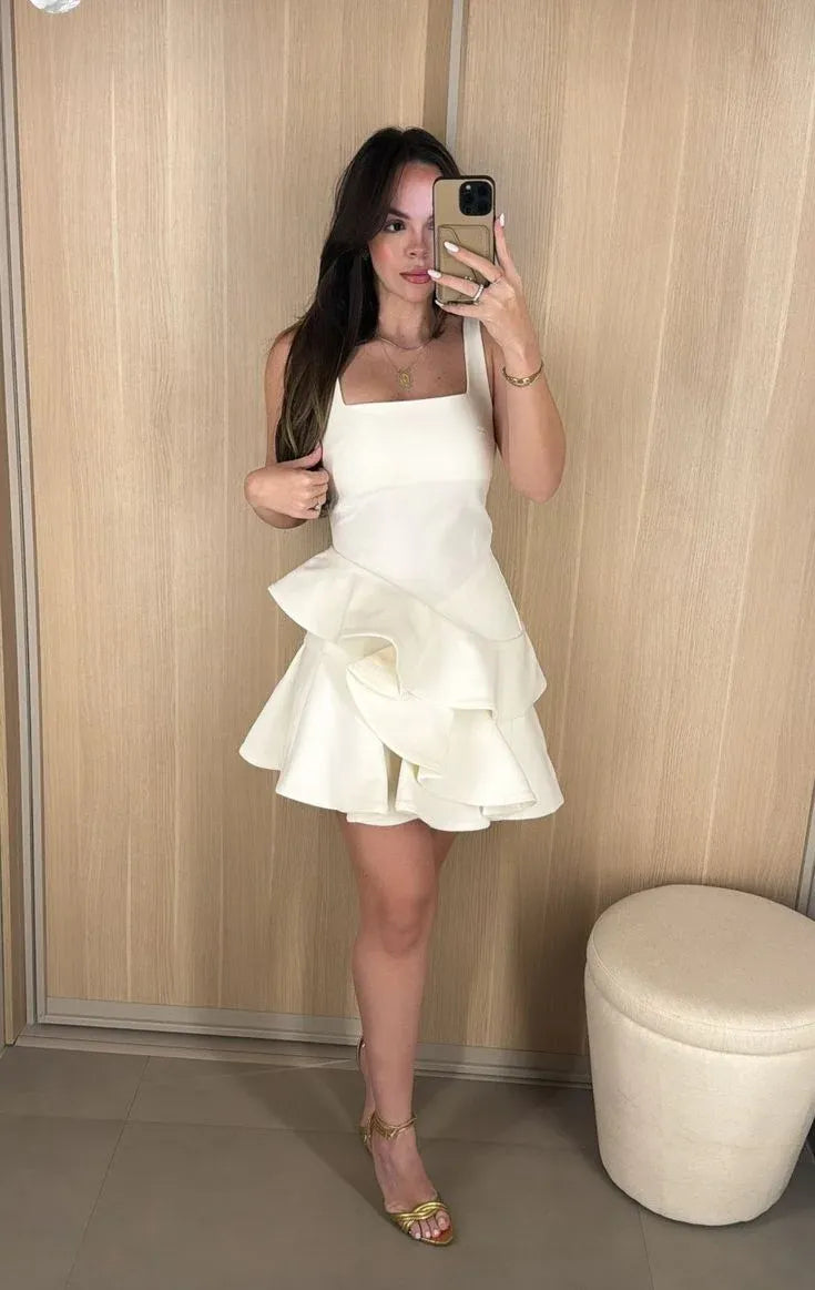 Chic Fit-and-Flare Square-Neck Sleeveless Ruffled Satin White Mini Prom Dress for Women