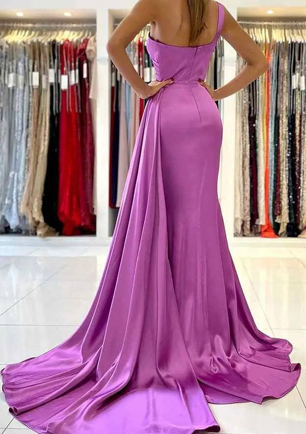 Chic Mermaid One-Shoulder Draped Satin Magenta Floor-Length Evening Dress For Women