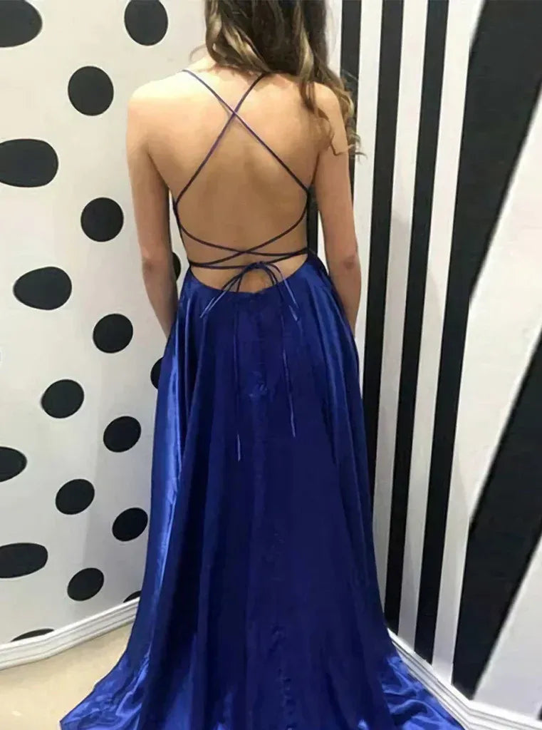 Chic Satin Long Evening Dress Royal Blue Spaghetti-Strap Open-Back for Women