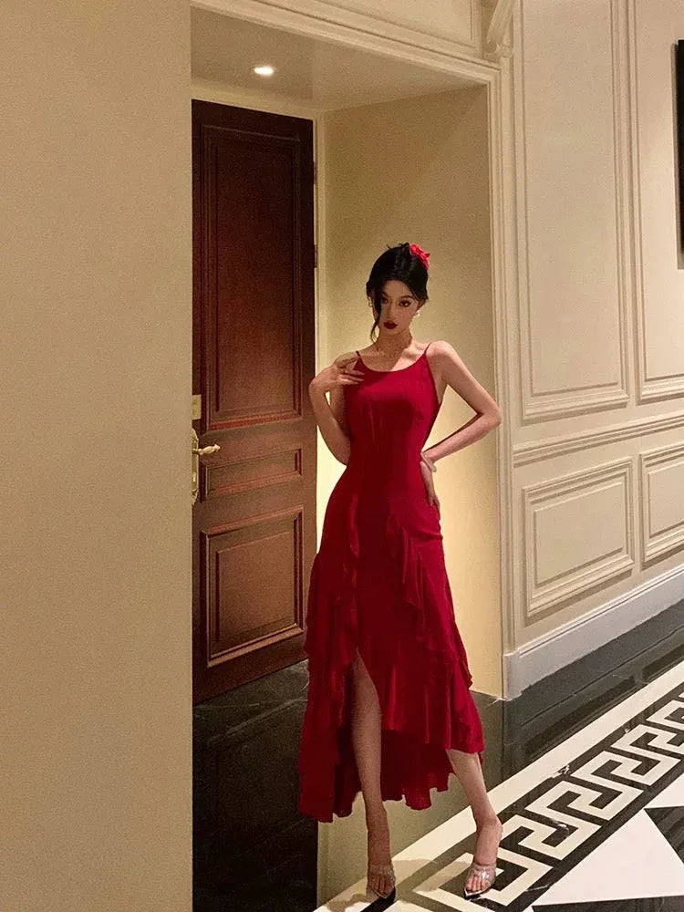 Chic Sheath Spaghetti-Strap Sleeveless Ruffled Red High-Low Prom Dress for Women Custom