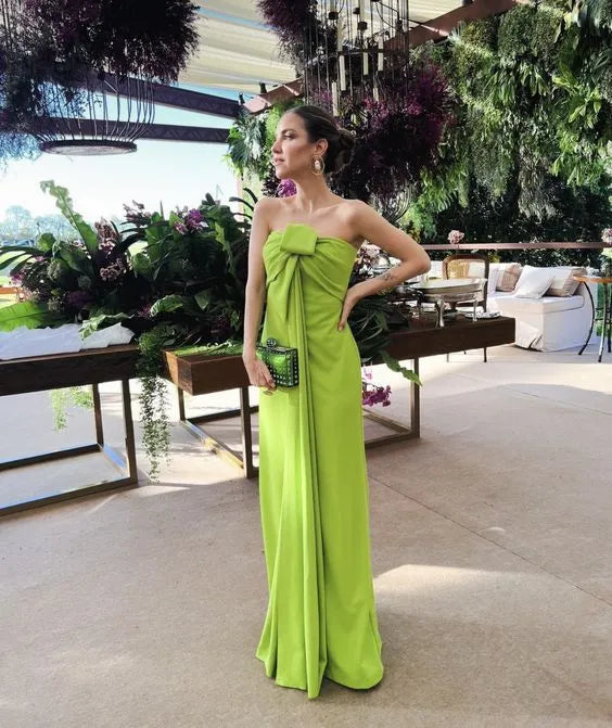Chic Sheath Strapless Bow-Detailed Satin Lime Green Maxi Evening Dress for Women