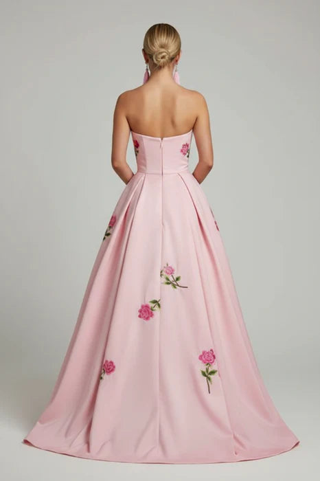 Chic Strapless Sleeveless Floral Pink Floor-Length Prom Dress