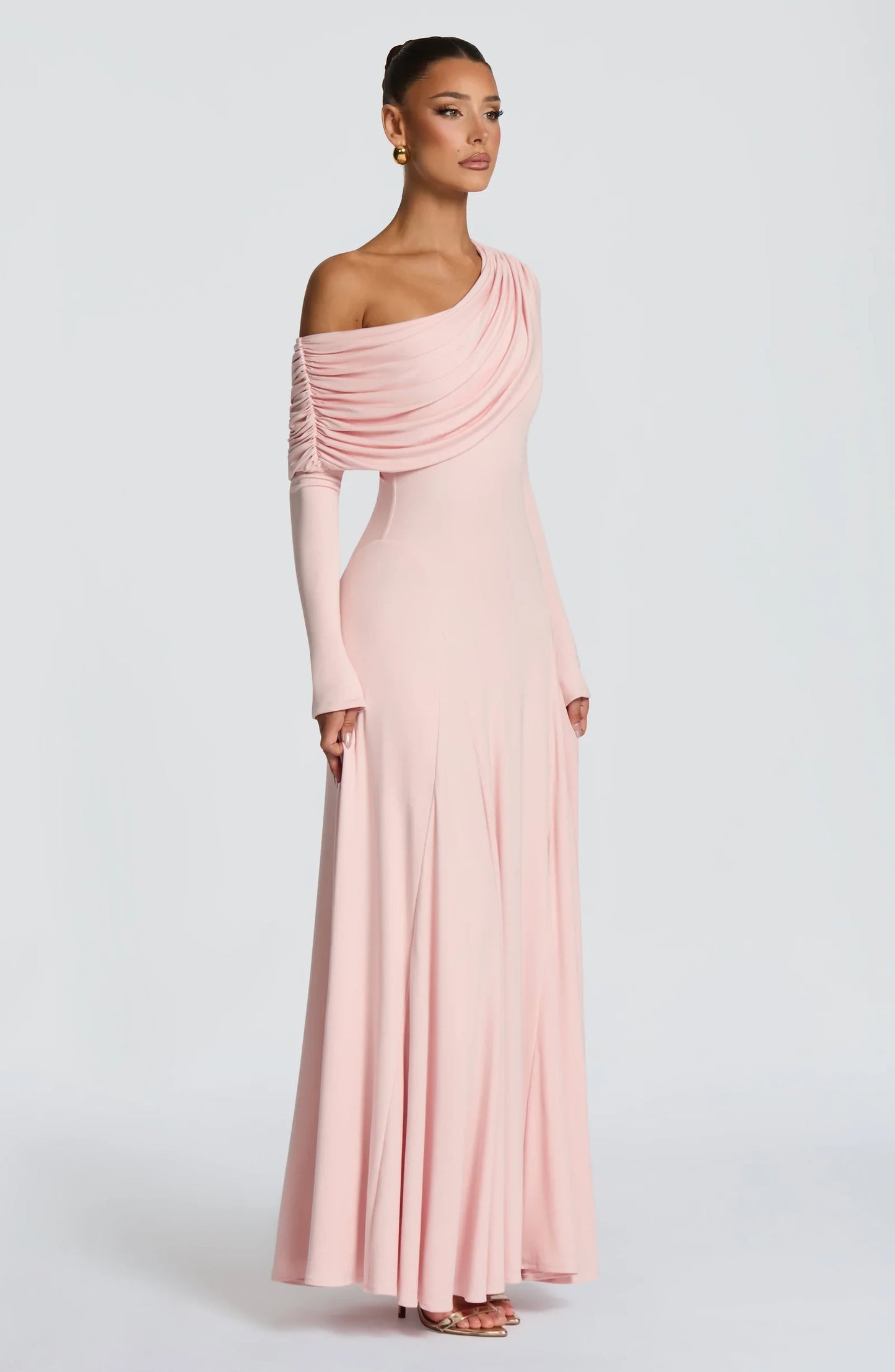 Chic A-Line One-Shoulder Long Sleeve Ruched Blush Floor-Length Prom Dress