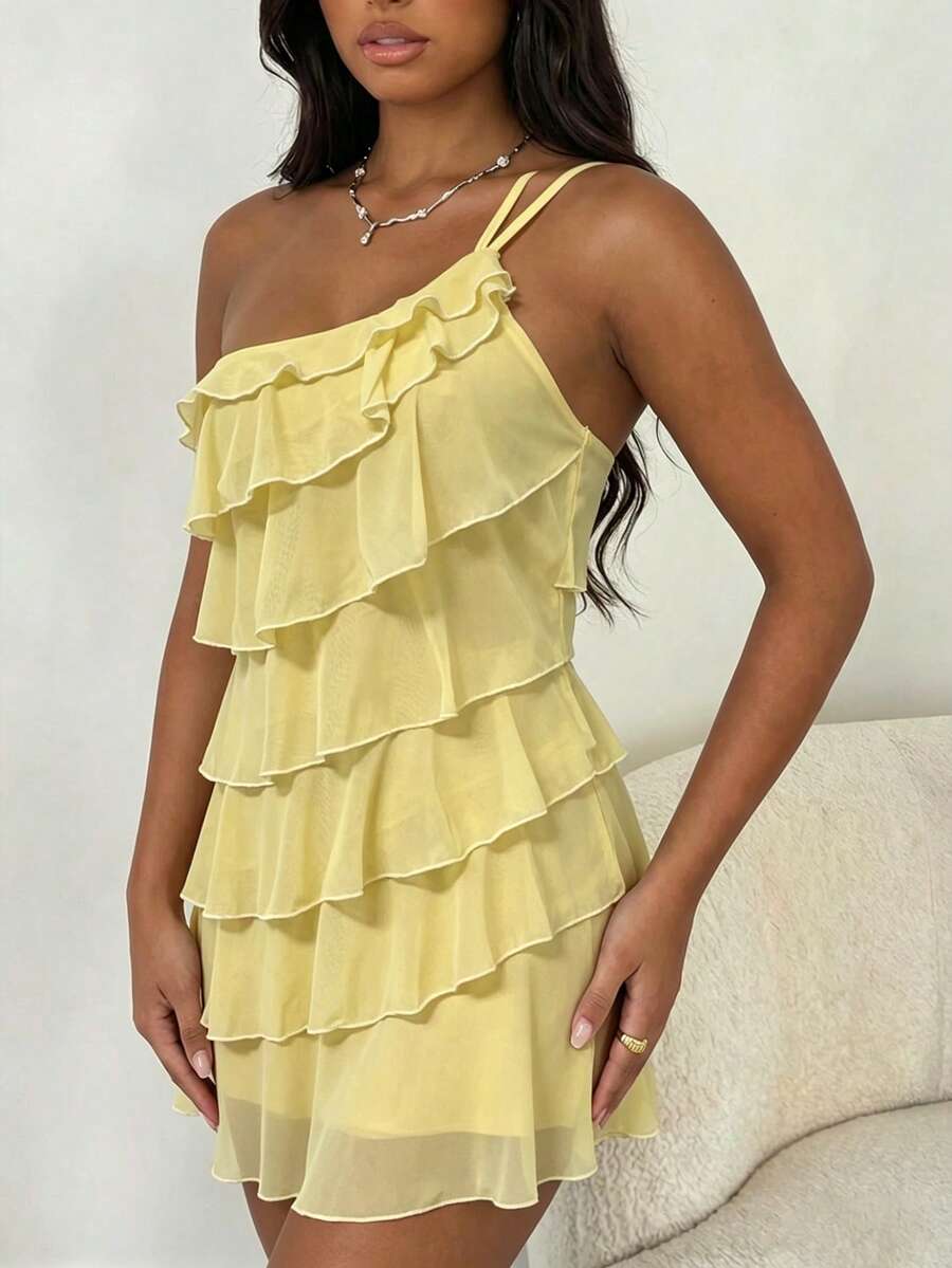 Chic A-Line One-Shoulder Tiered Ruffle Pastel Yellow Mini Homecoming Dresses
