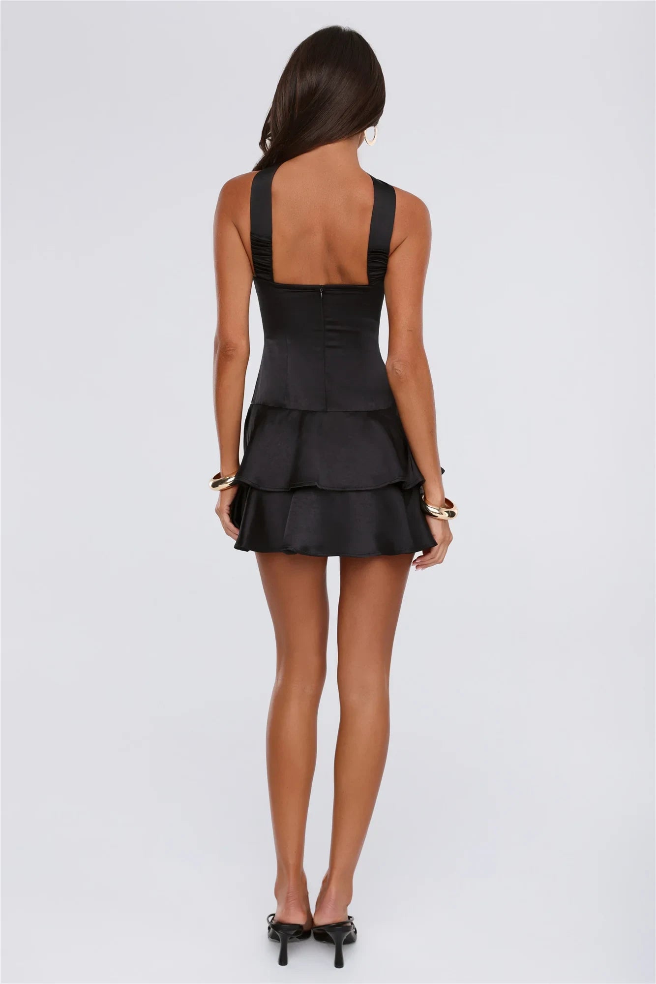 Chic A-Line Reverse Halter Neck Tiered Ruffle Party Black Mini Homecoming Dress