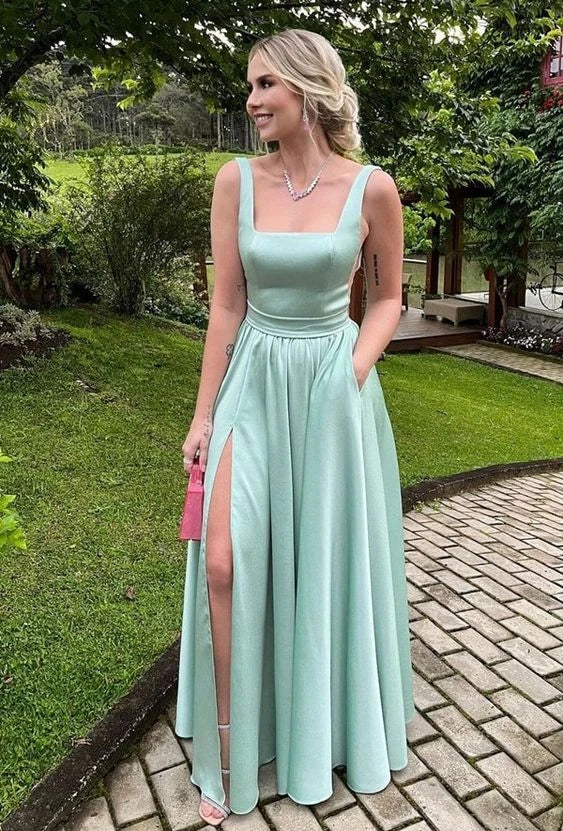 Chic A-Line Square Neck Sleeveless Slit Mint Green Floor-Length Evening Gown