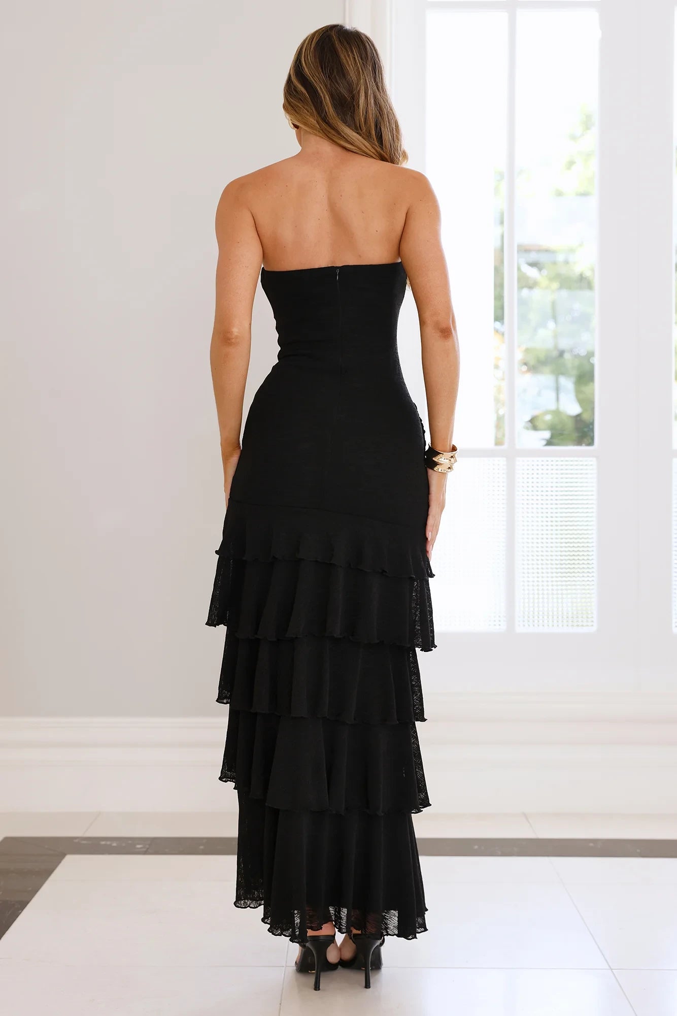 Chic A-Line Strapless Tiered Ruffle Black Floor-Length Prom Dress With High Slit