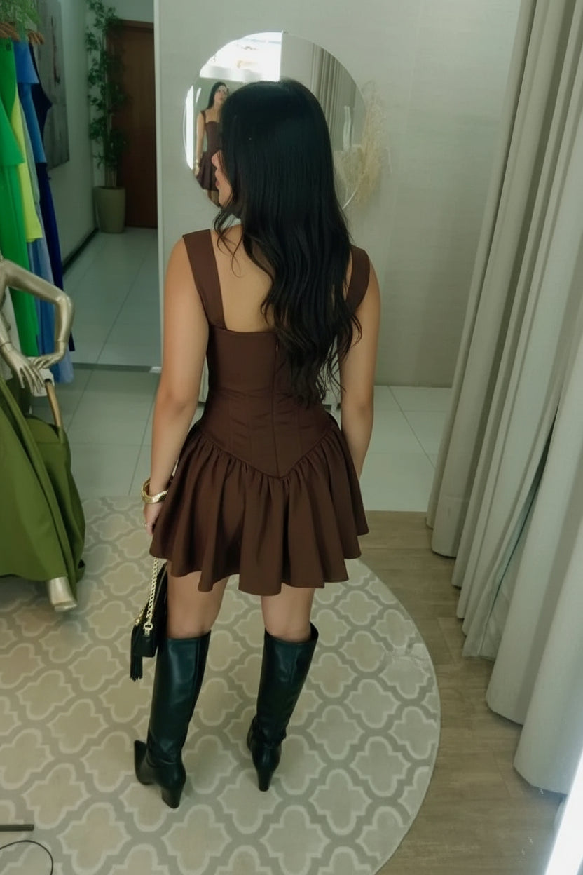 Chic A-Line Sweetheart Corset Ruffled Hem Chocolate Brown Mini Homecoming Dresses