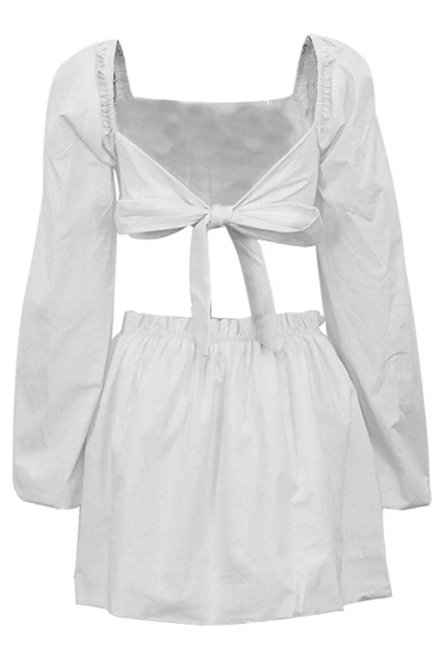 Chic Two-Piece Square Neck Long Puff Sleeve Ruched Off-White Mini Homecoming Dresses