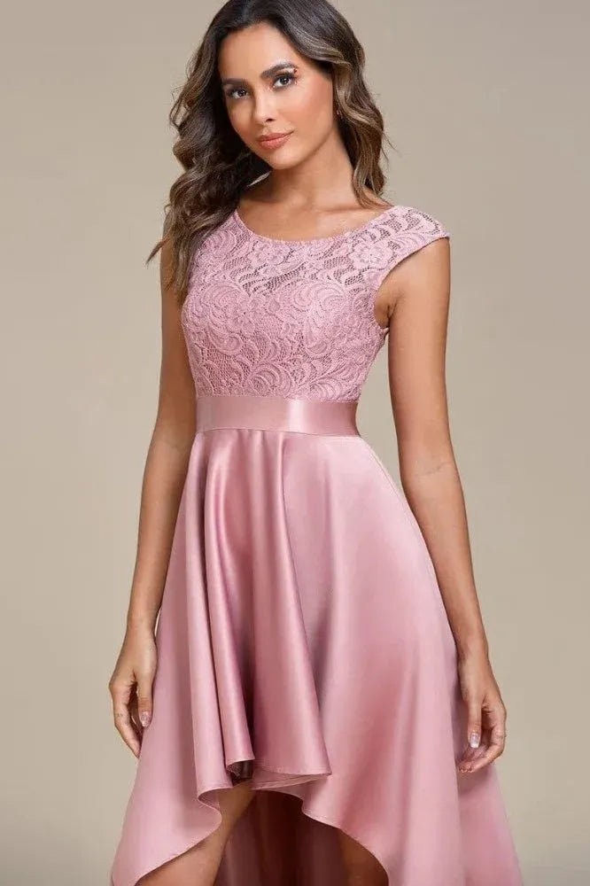 Elegant A-Line Scoop Neck Ruffled Lace Satin Blush High-Low Prom Dress for Women