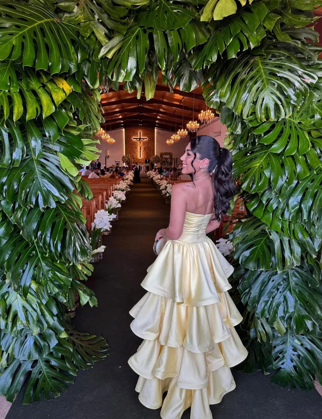 Classic A-Line Strapless Sleeveless Layered Satin Floor-Length Prom Dress