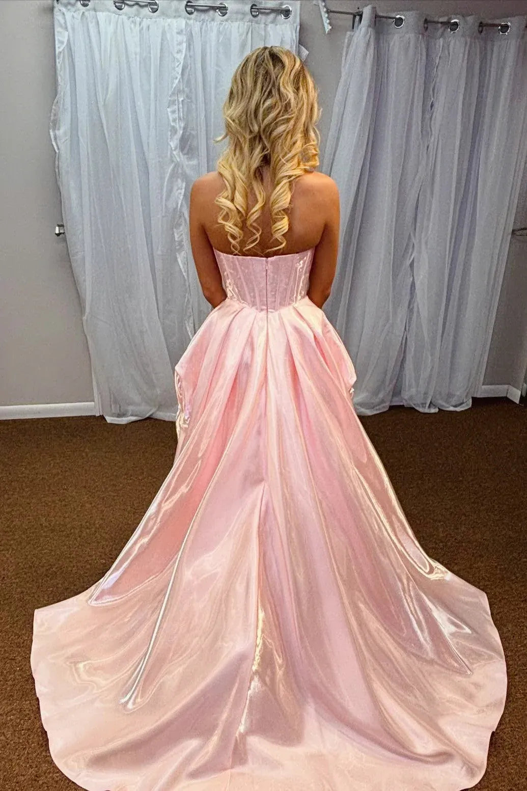 Classic A-Line Strapless Sleeveless Slit Satin Floor-Length Prom Dress