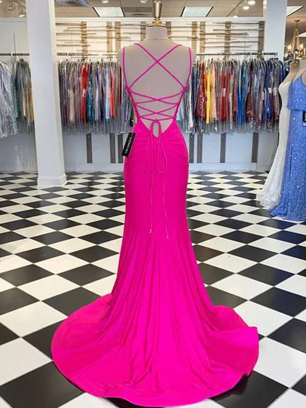Classic Mermaid V Neck Sleeveless Lace Up Brush Train Evening dress for women