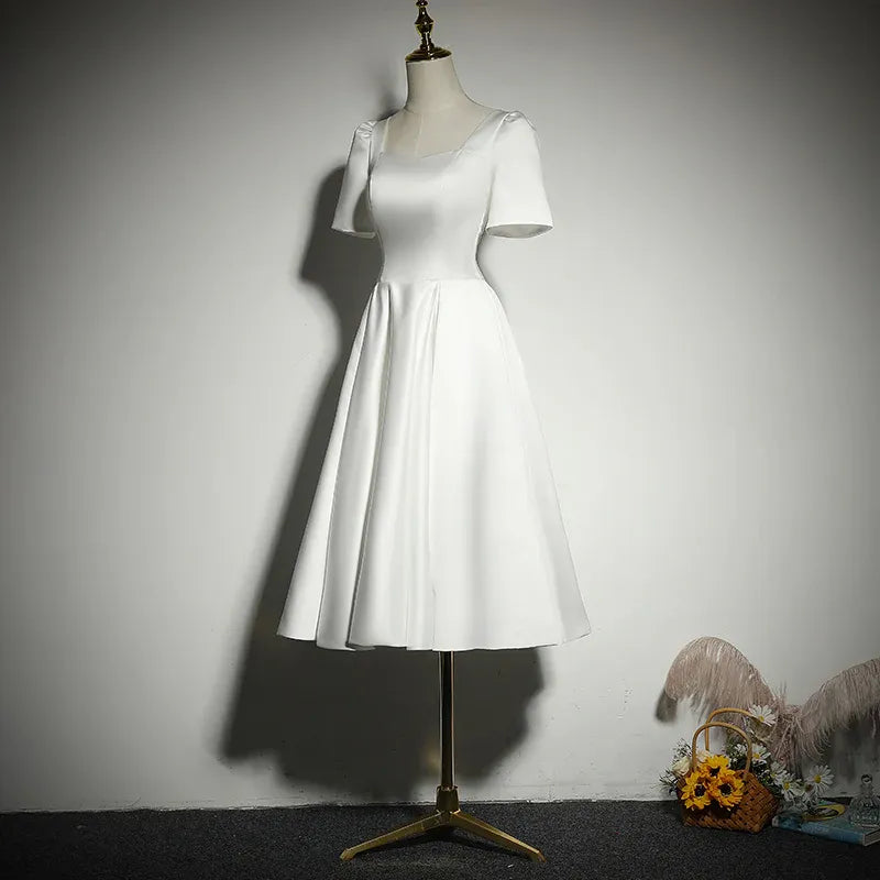 Classic Satin Midi Evening Dress White Square Neck Short Sleeve for Women