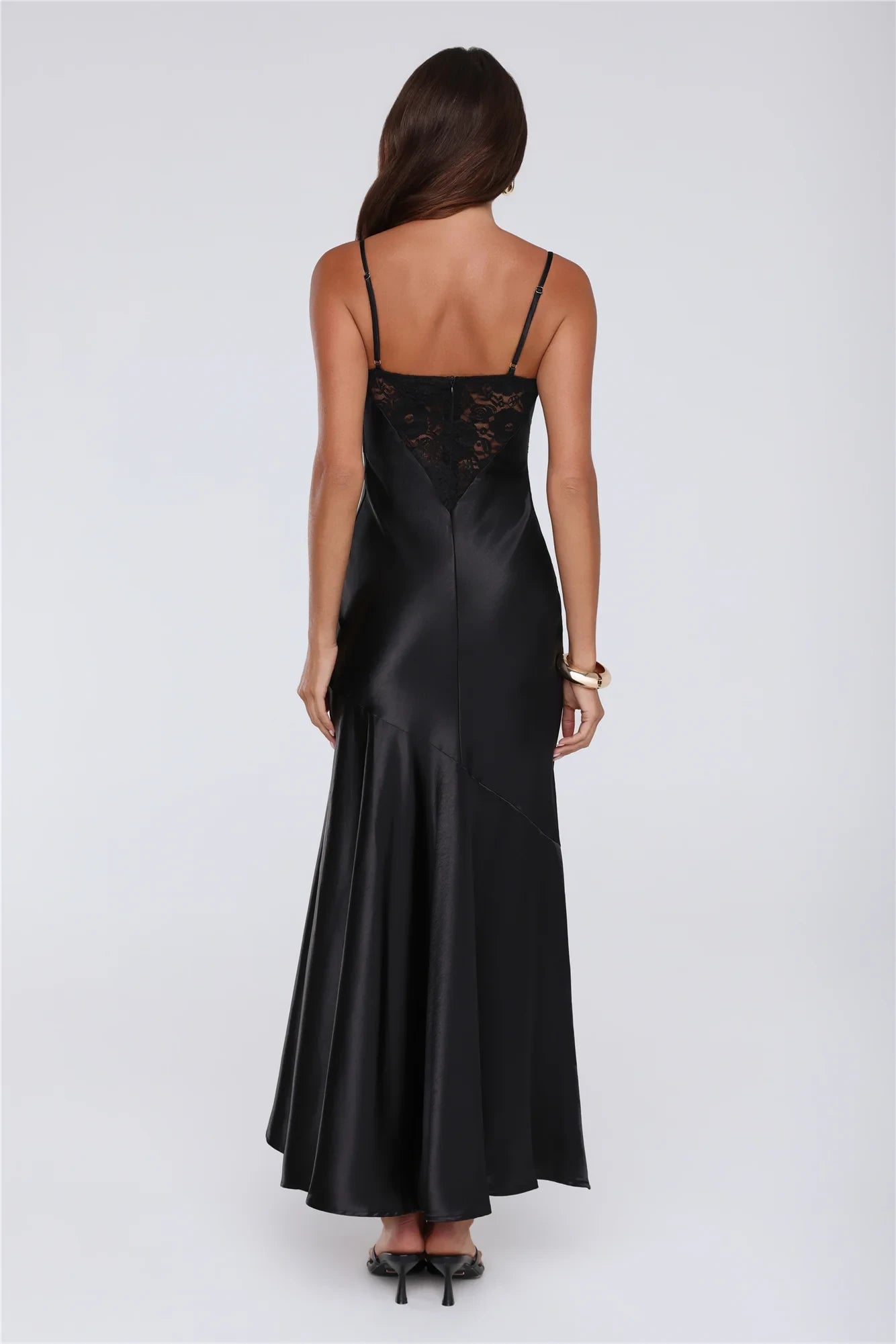 Classic Fit Sheath Sweetheart Spaghetti Straps Lace Bodice Satin Black High-Low Prom Dress