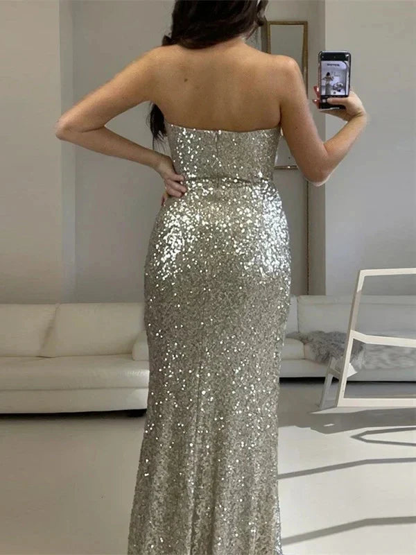 Classic fit Full of charm Off-the-Shoulde Sequin Sleeveless Backless Split Fork Floor Length Evening Dress